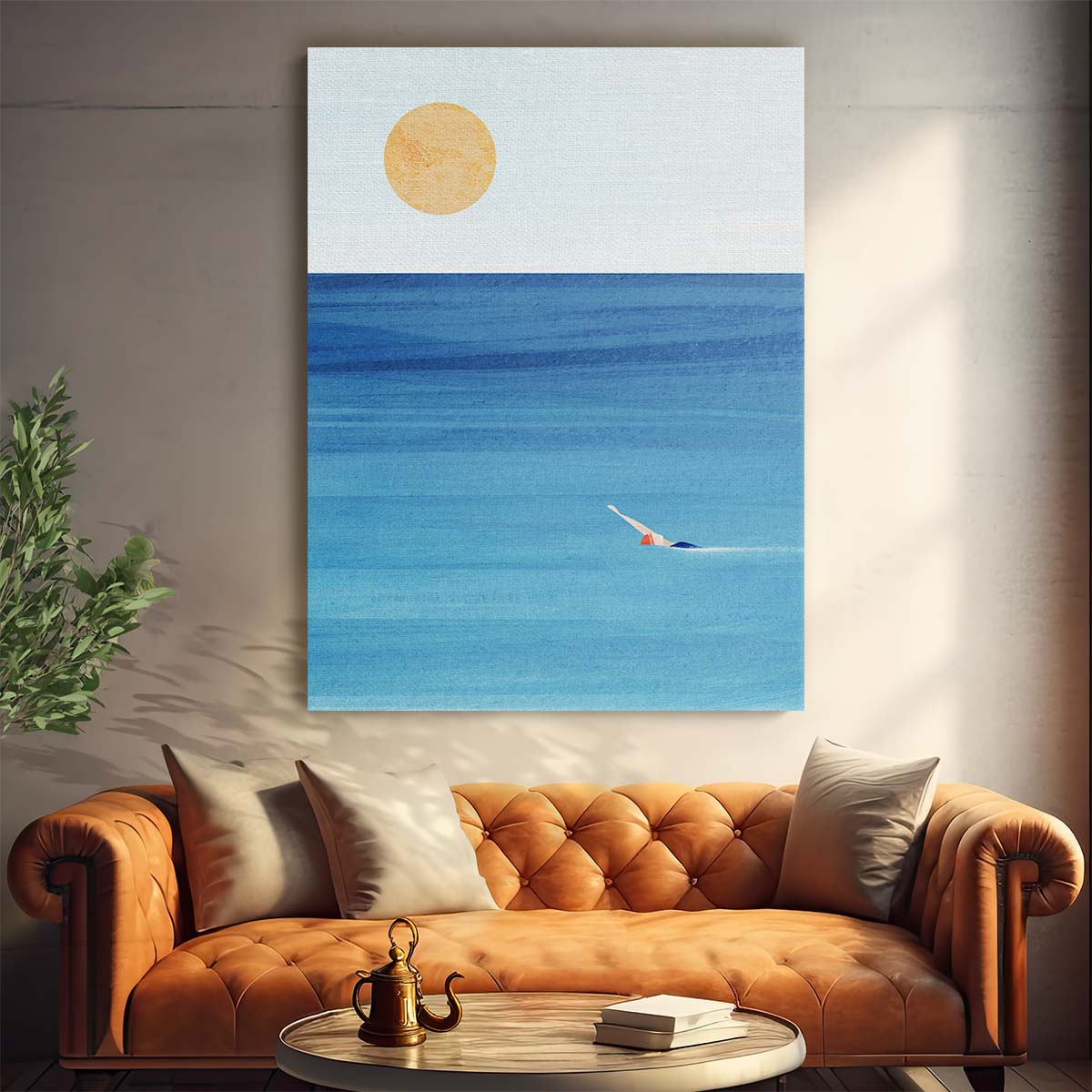 Tranquil Seascape Swimmer Illustration Art by Longwayhome by Luxuriance Designs, made in USA