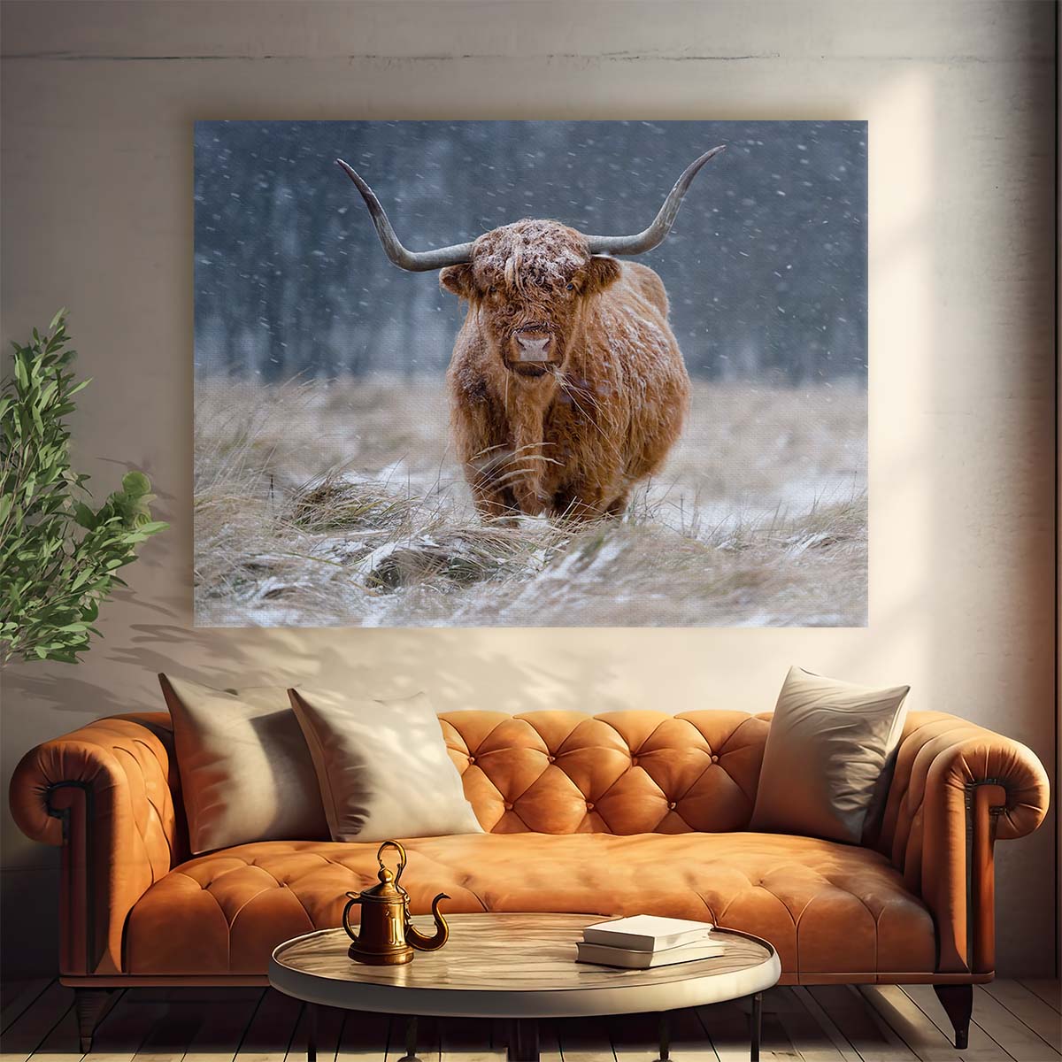 Winter Highland Cow Portrait in Snowy Dutch Countryside Wall Art