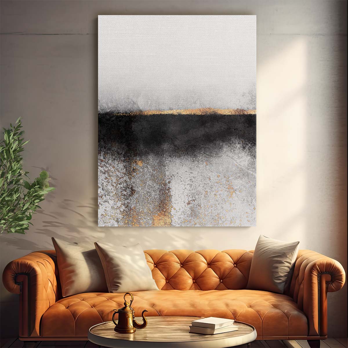 Minimalist Soot and Gold Abstract Canvas Illustration with Peeling Paint Texture by Luxuriance Designs, made in USA