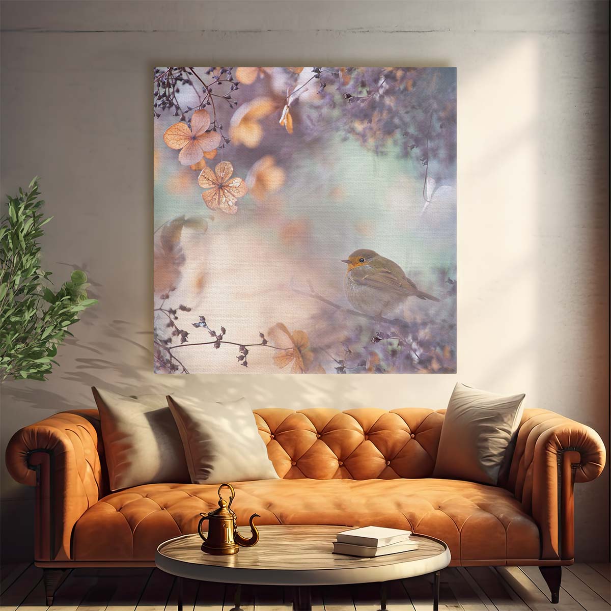 Dreamy Enchanted Winter Hydrangea & Robin Floral Photography Wall Art by Luxuriance Designs. Made in USA.