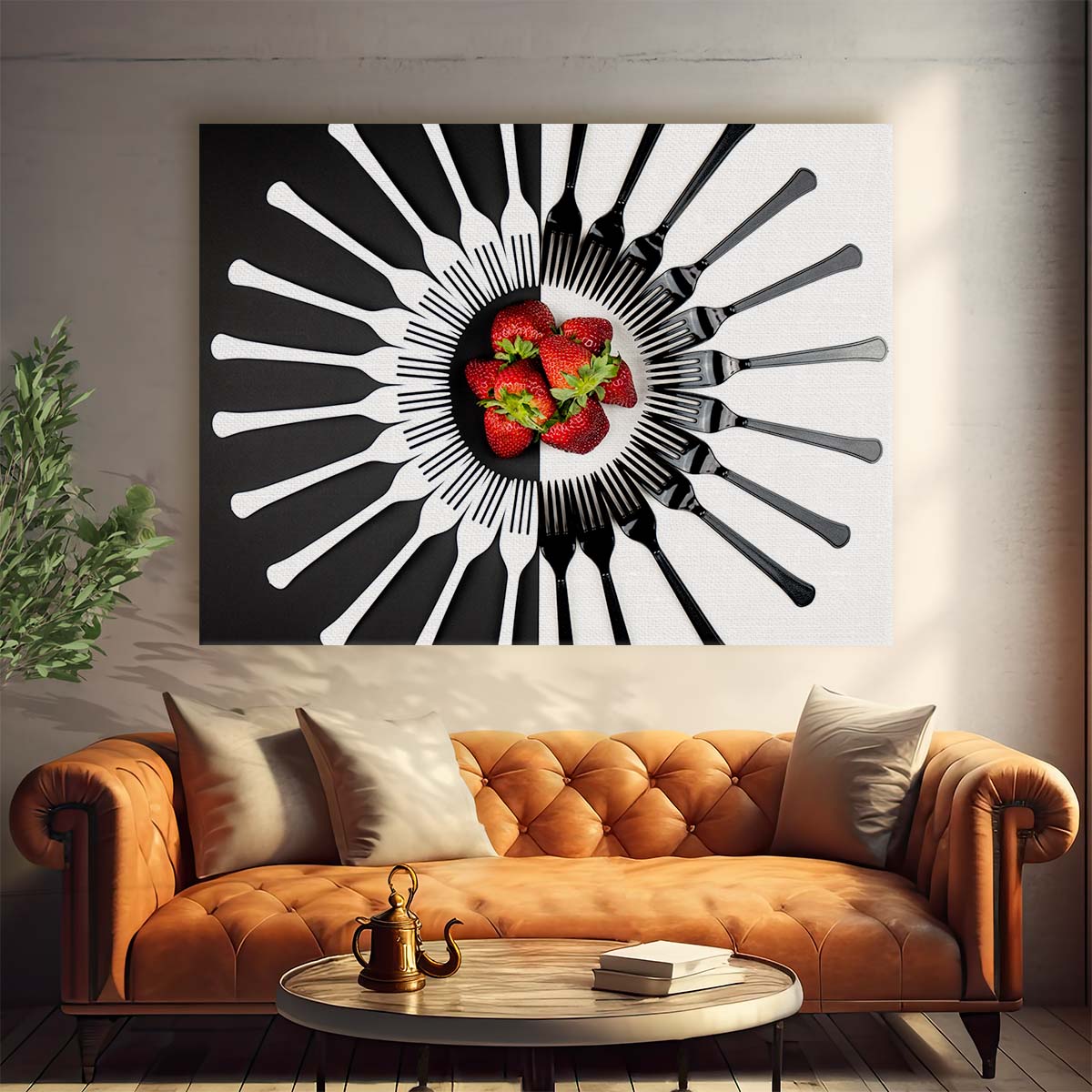 Yin Yang Strawberry Forks Abstract Kitchen Wall Art by Luxuriance Designs. Made in USA.