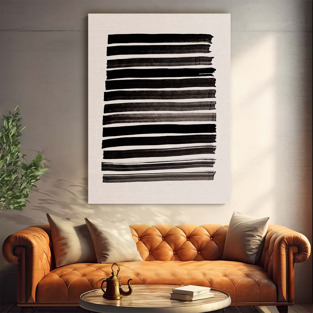 Abstract Geometric Line Art Illustration in Beige & Black Stripes by Luxuriance Designs, made in USA