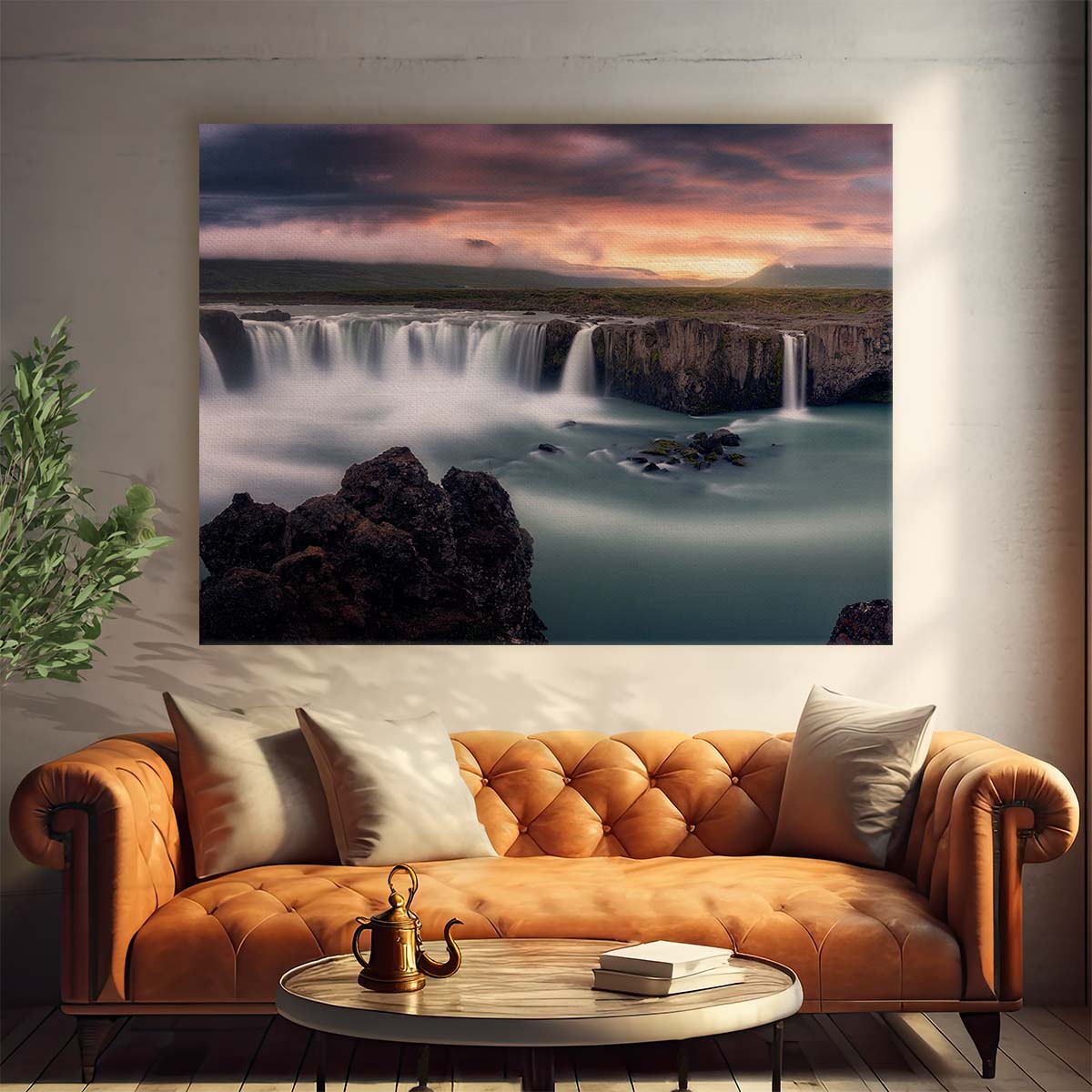 Icelandic Godafoss Waterfall Sunset Panorama - Majestic Landscape Photography Wall Art