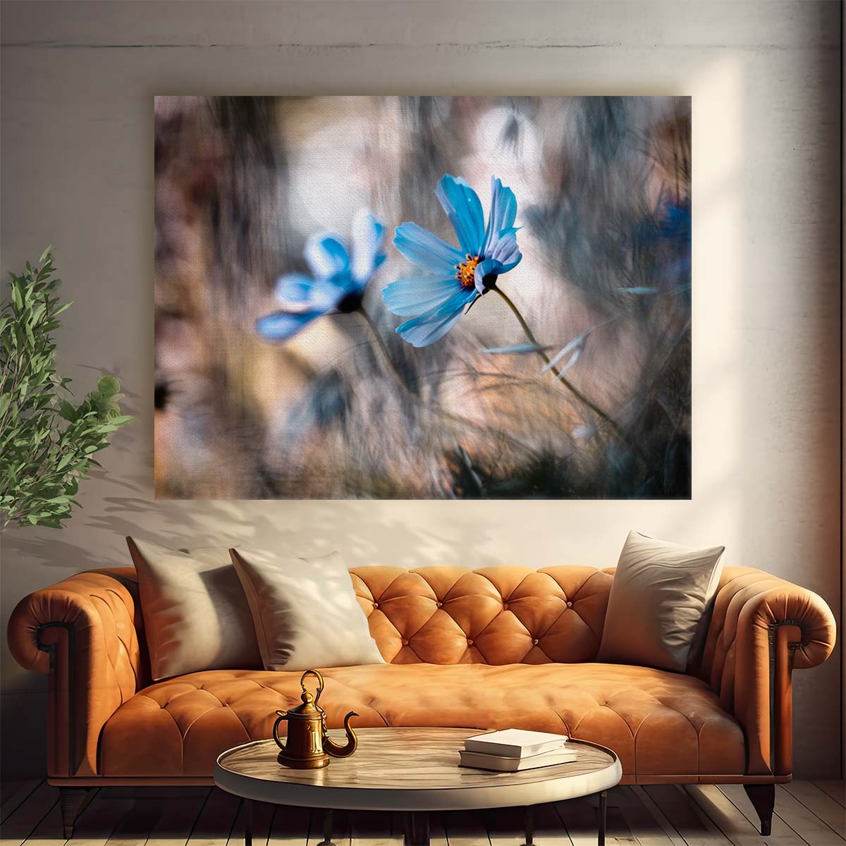 Blue Cosmos Flower Duo Macro Bokeh Wall Art by Luxuriance Designs. Made in USA.