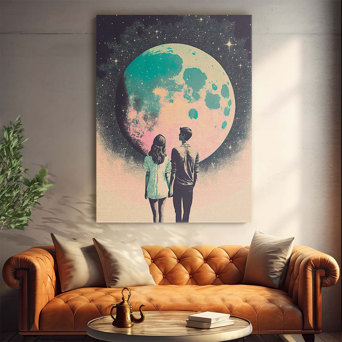 Pastel Moonlit Love Illustration Starry Night Couple Wall Art by Luxuriance Designs, made in USA