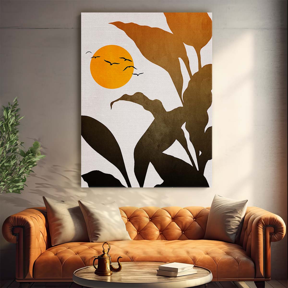 Golden Sunset Tropical Birds & Leaves Botanical Illustration Art by Luxuriance Designs, made in USA