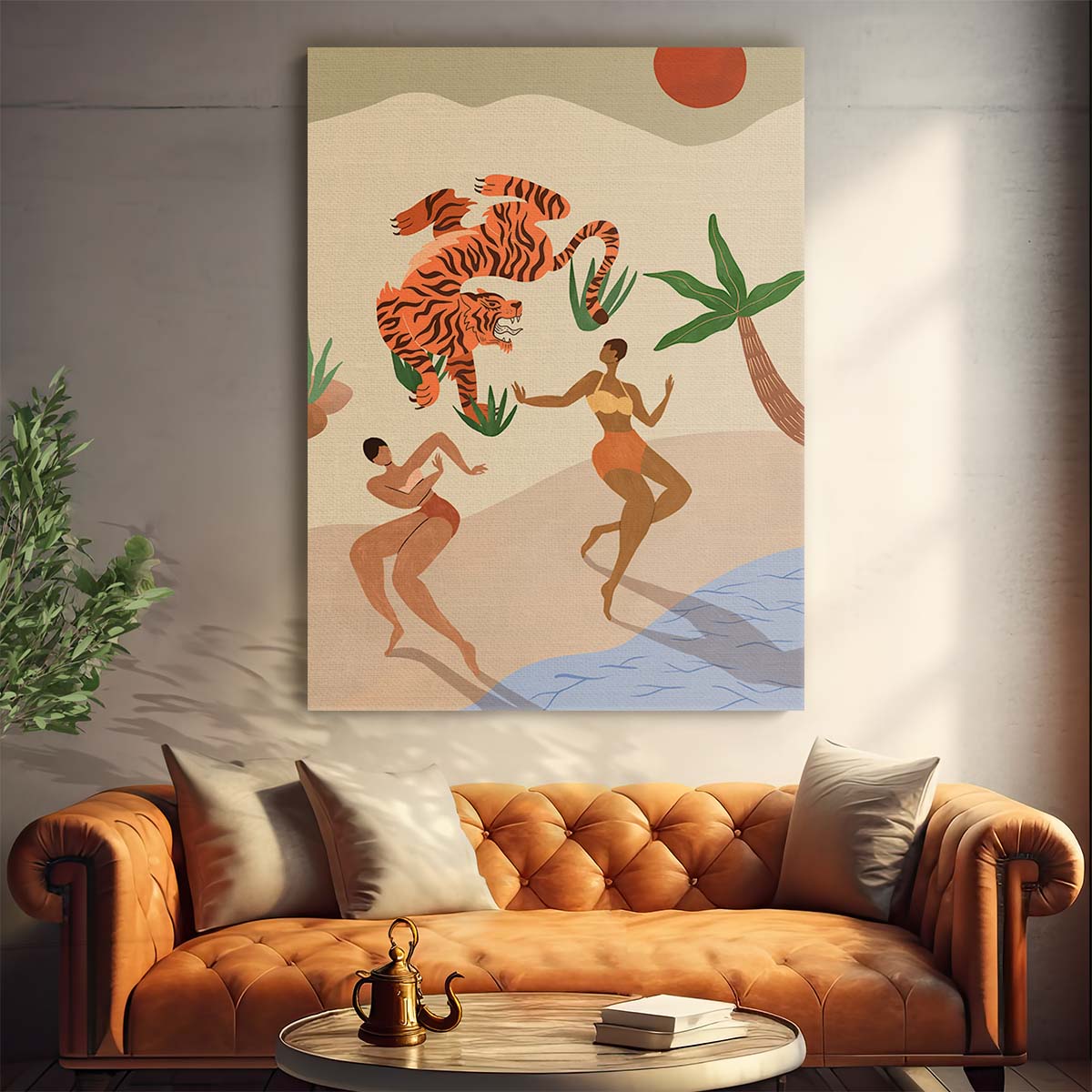 Exotic Beach Dance with Tigers Figurative Illustration Art by Luxuriance Designs, made in USA