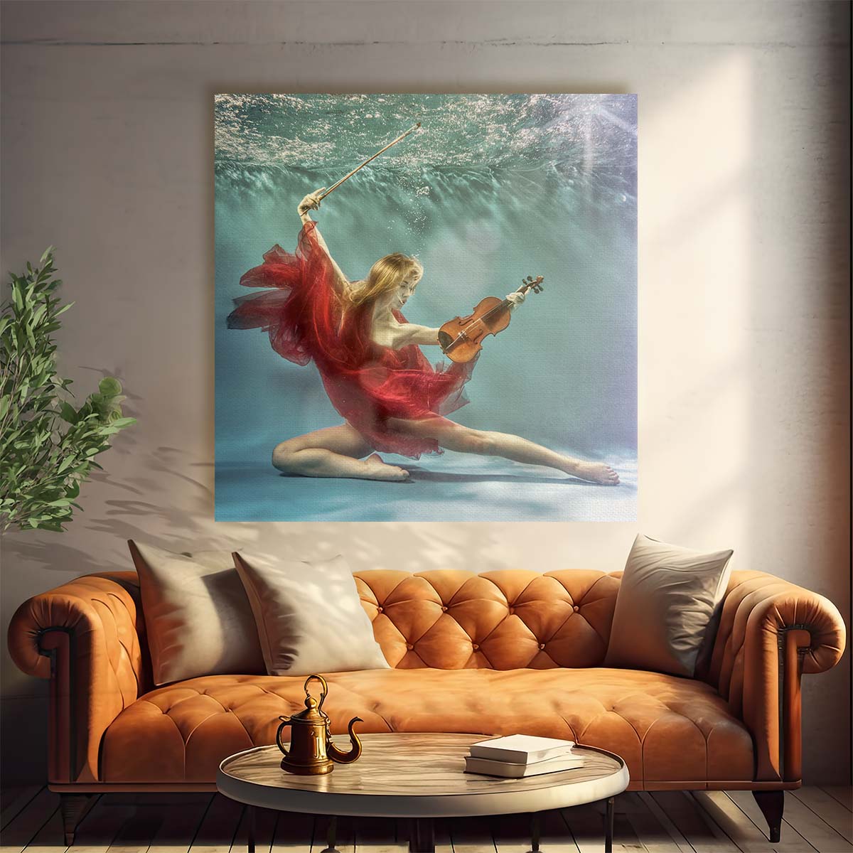 Enchanting Underwater Violinist Performance Romantic Art Photography Wall Art by Luxuriance Designs. Made in USA.