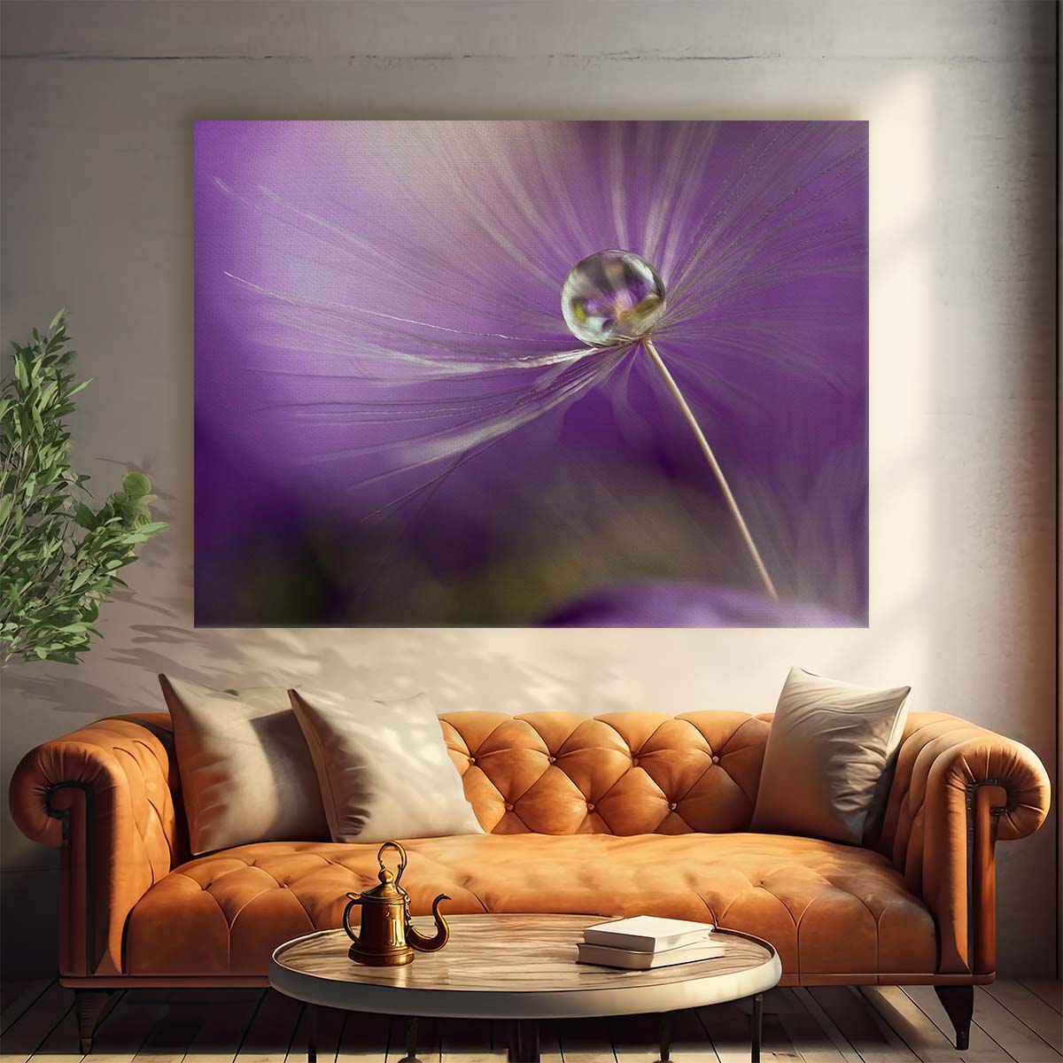 Delicate Purple Feather & Water Drop Macro Wall Art by Luxuriance Designs. Made in USA.