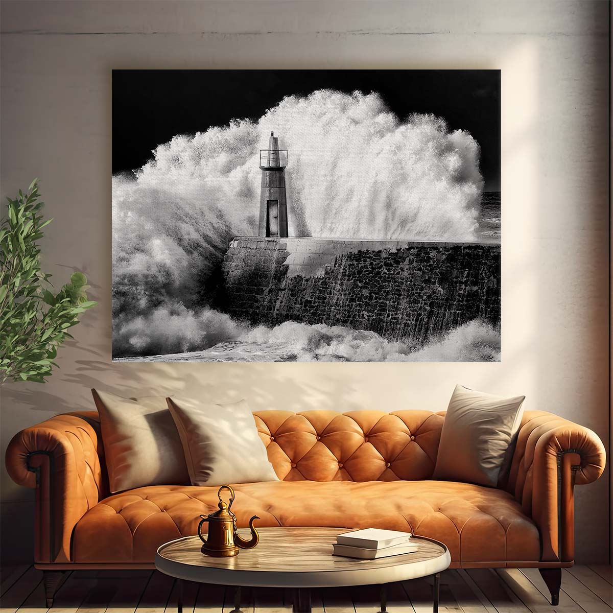 Stormy Asturias Lighthouse Waves Splash Wall Art by Luxuriance Designs. Made in USA.