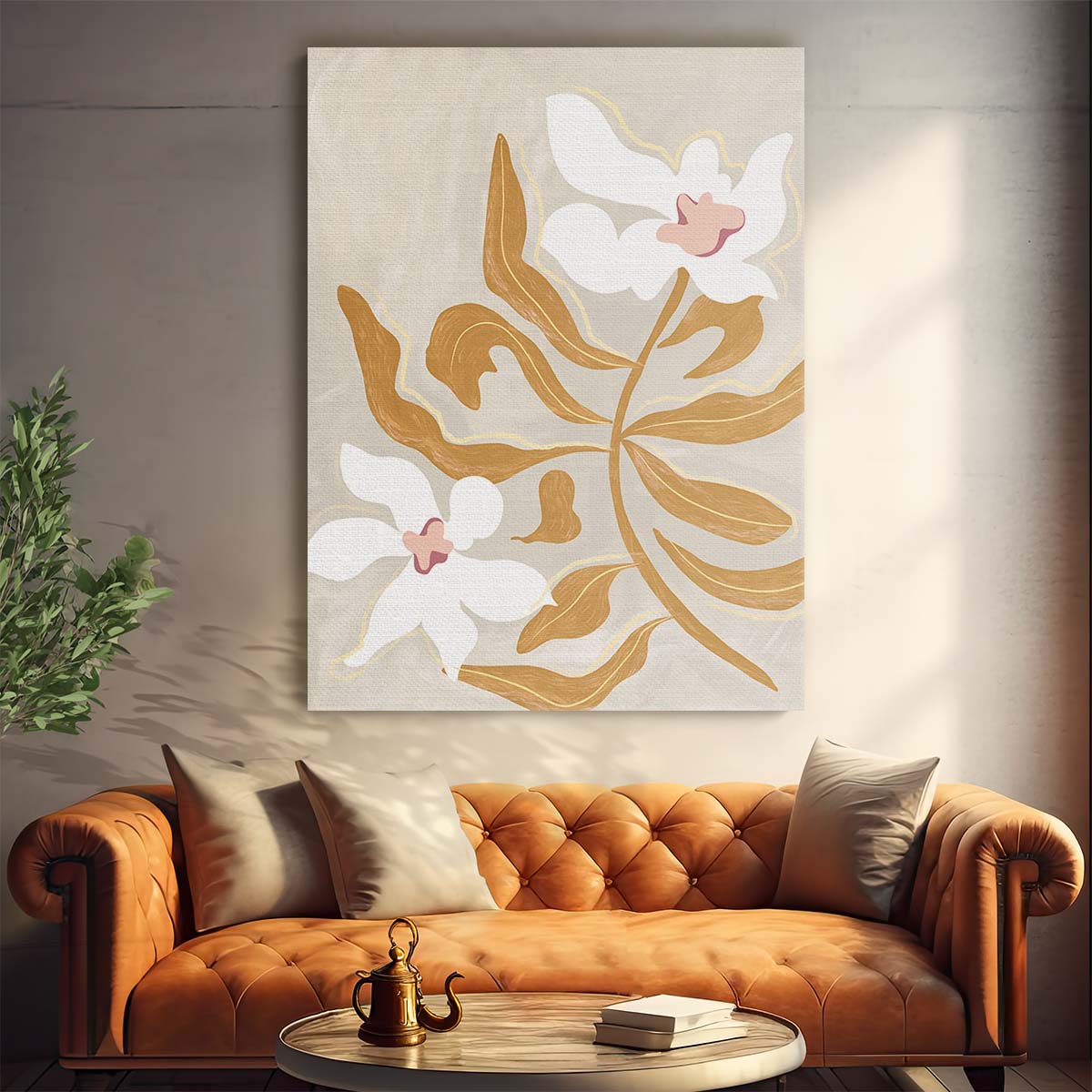 Colorful Abstract Floral Illustration Boho, White Flower Brown Leaves by Luxuriance Designs, made in USA