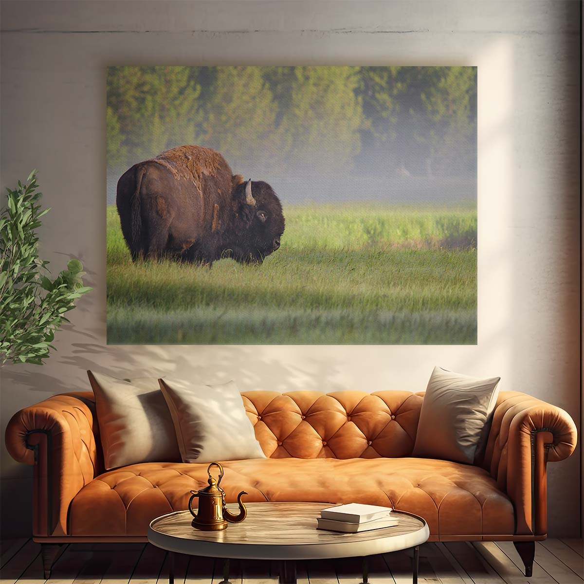 Misty Dawn Bison Sunrise Yellowstone Wall Art by Luxuriance Designs. Made in USA.