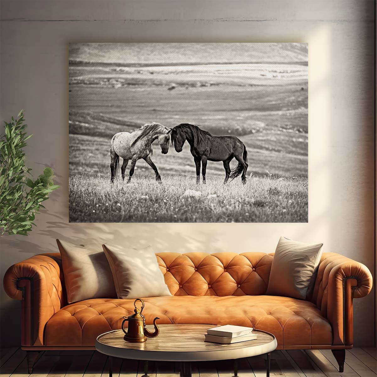 Romantic Horses Embrace in Sepia Landscape Wall Art by Luxuriance Designs. Made in USA.