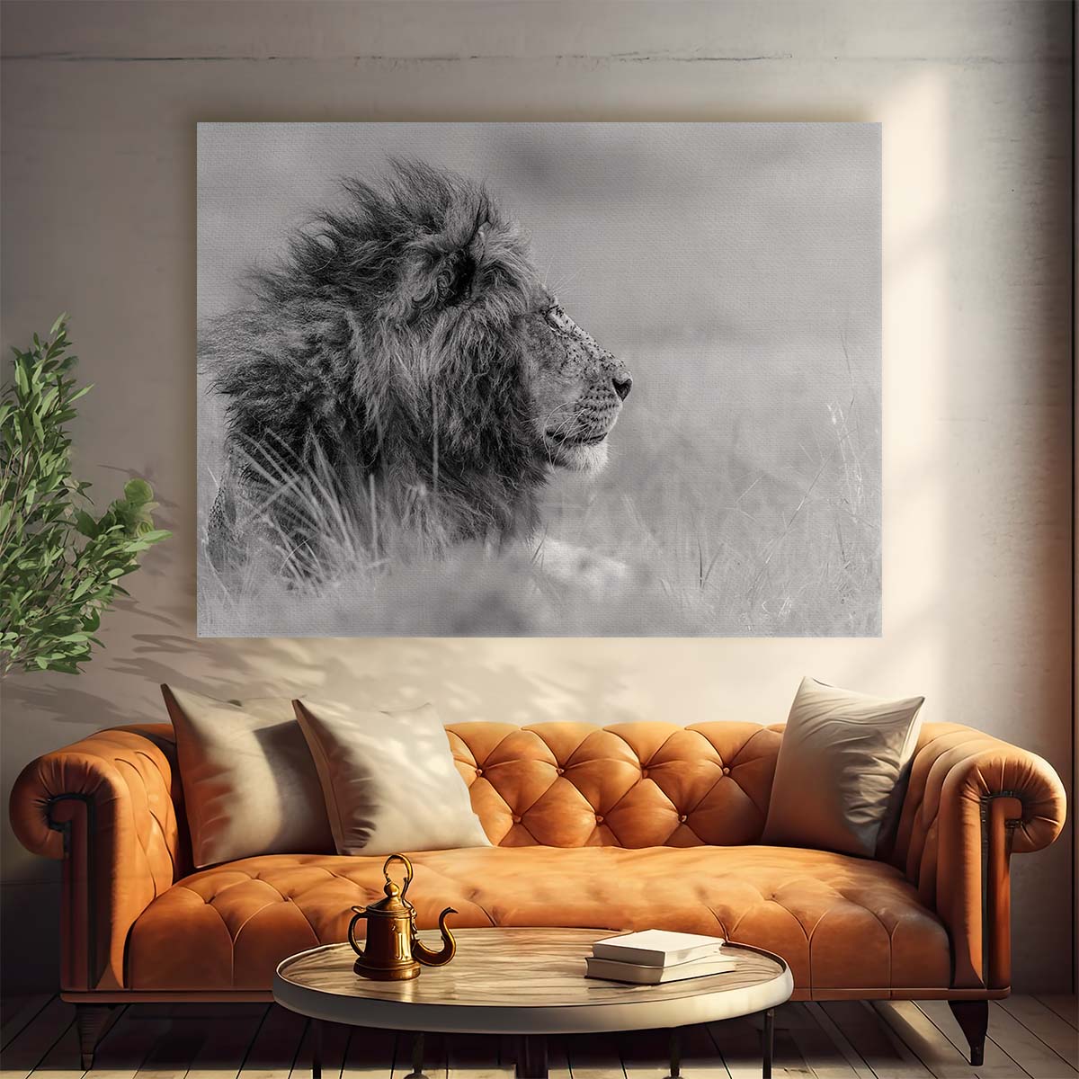 Majestic Solitary Lion in Serene Savannah Wall Art by Luxuriance Designs. Made in USA.