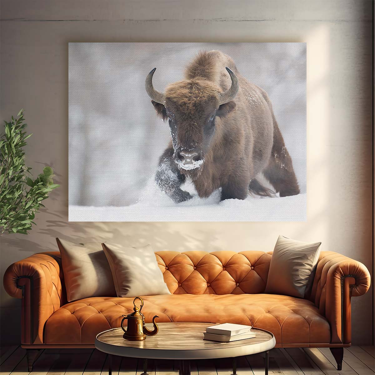 Majestic Snowy Bison in Winter Wilderness Wall Art by Luxuriance Designs. Made in USA.