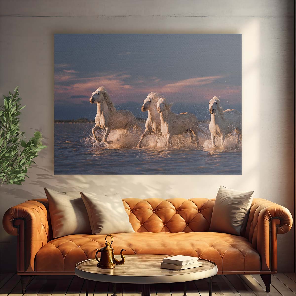 Camargue Horses' Sunset Sprint in Water Wall Art by Luxuriance Designs. Made in USA.