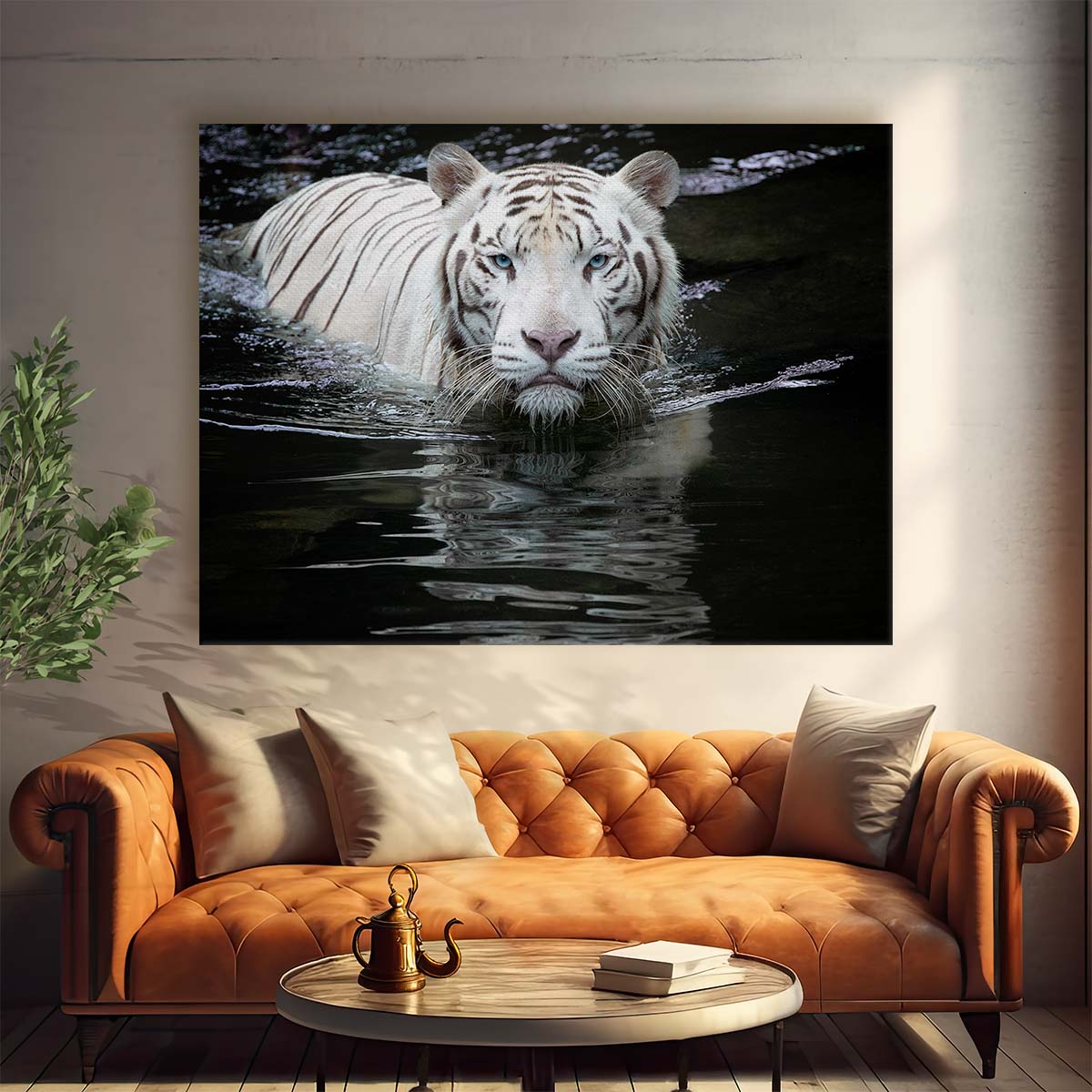 Intense Gaze White Tiger Bathing Wall Art by Luxuriance Designs. Made in USA.