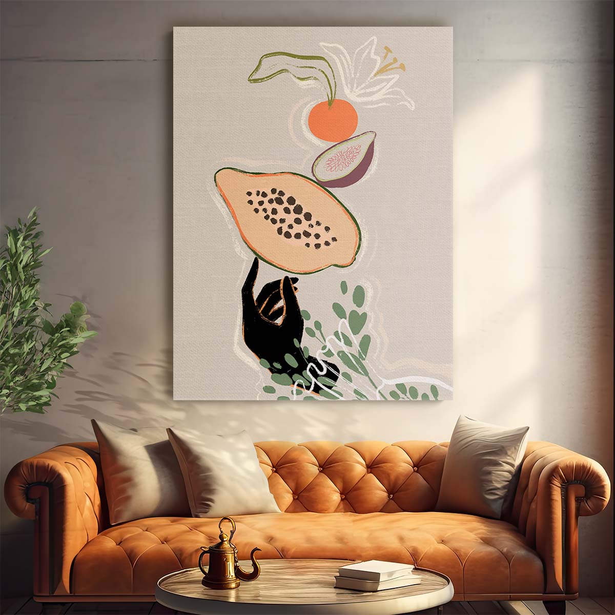 Colorful Boho Illustration of Woman Balancing Fresh Fruits in Kitchen by Luxuriance Designs, made in USA