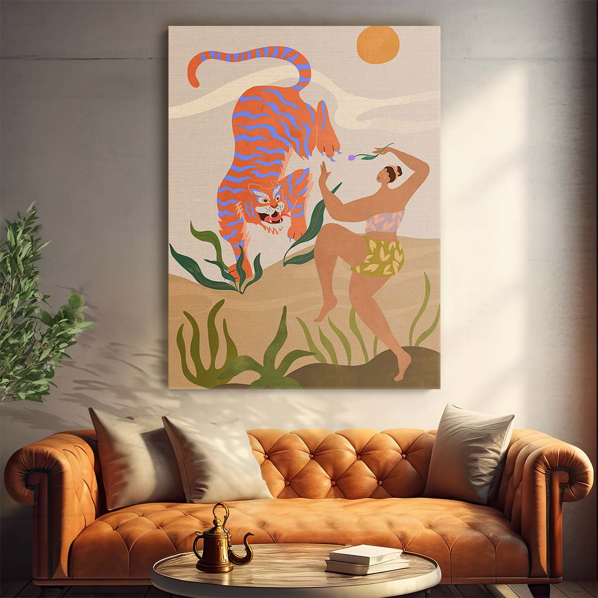 Colorful Dancing Woman with Tiger Illustration, Botanical Boho Art by Luxuriance Designs, made in USA