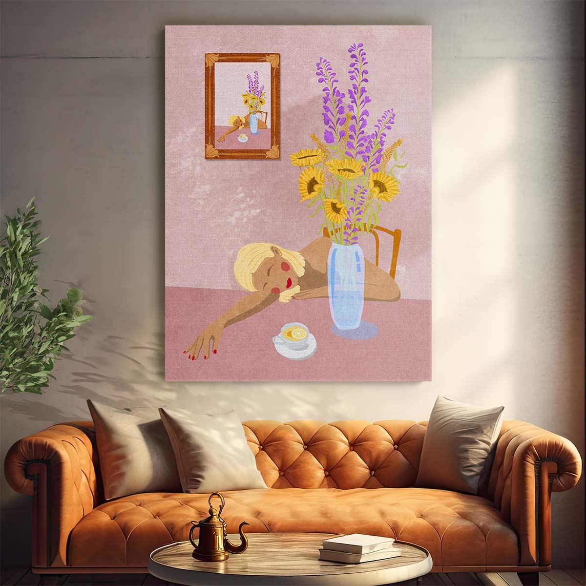 Daydreaming Woman Illustration with Sunflower Vase, Feminine Indoor Art by Luxuriance Designs, made in USA