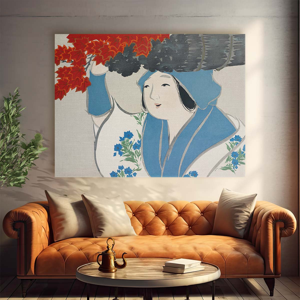 Momoyogusa Blue Woman Oil Painting by Kamisaka Sekka Wall Art