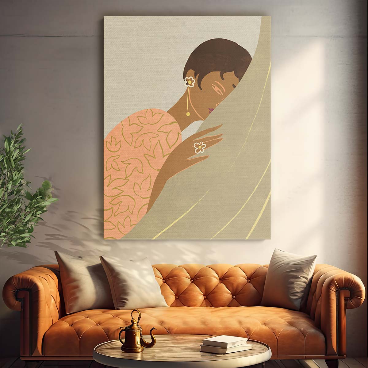 Relaxing Boho Woman Illustration with Pastel Floral Pattern Wall Art by Luxuriance Designs, made in USA