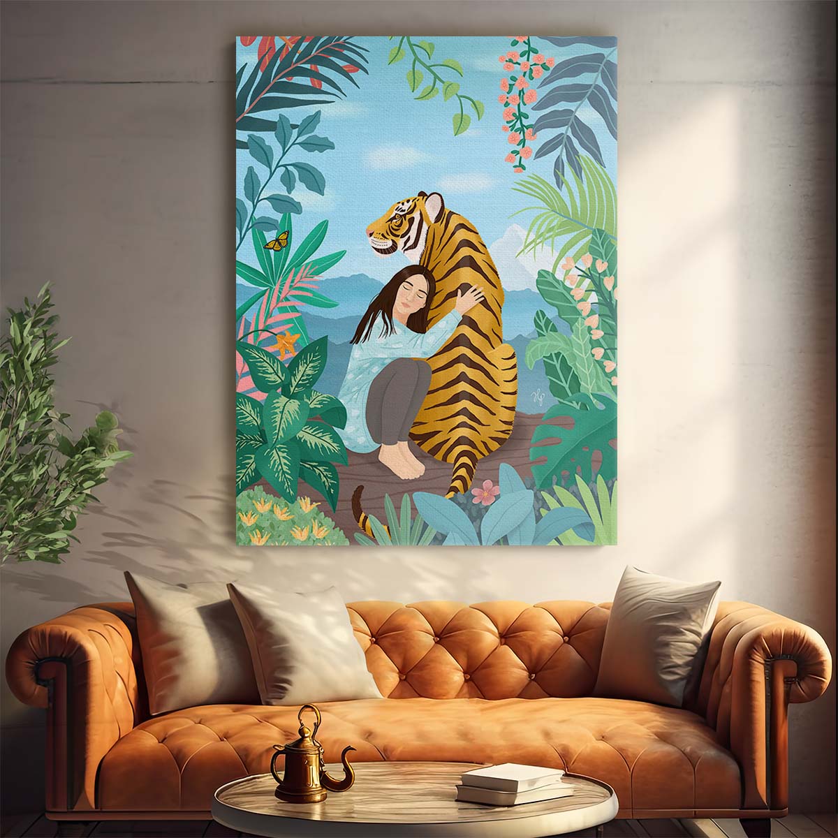 Tranquil Illustration of Woman Embracing Tiger in Tropical Paradise by Luxuriance Designs, made in USA