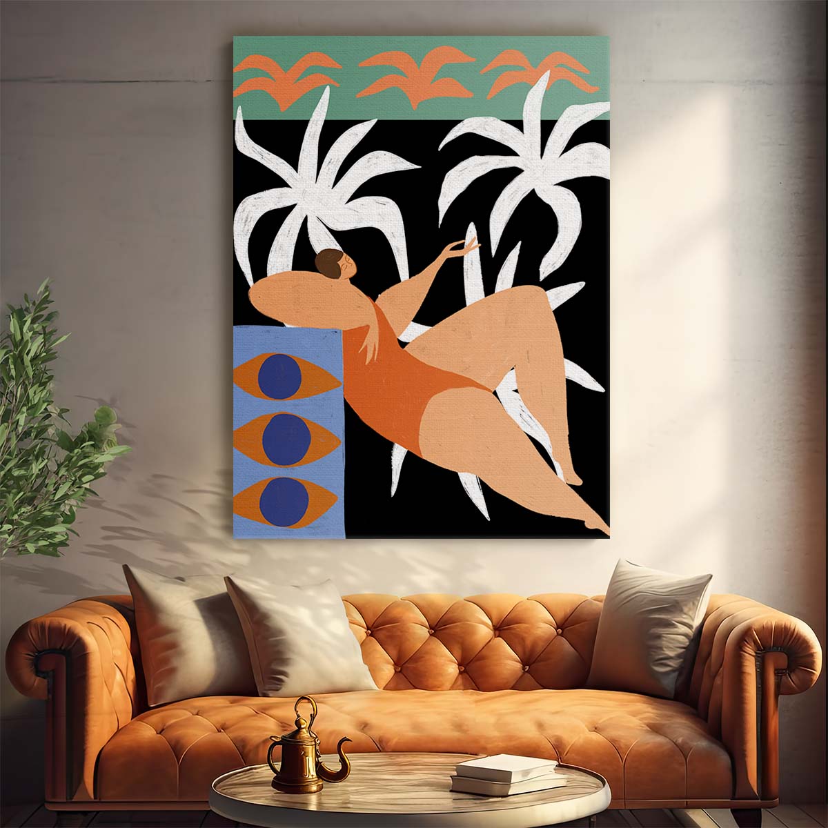 Colorful Abstract Figurative Illustration of Relaxing Woman Amidst Tropical Botanicals by Luxuriance Designs, made in USA