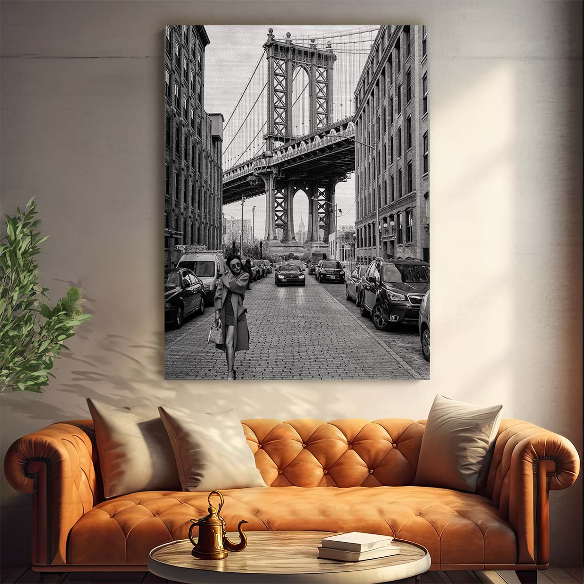 Brooklyn BW Photography Woman Walking by Iconic Manhattan Bridge by Luxuriance Designs, made in USA