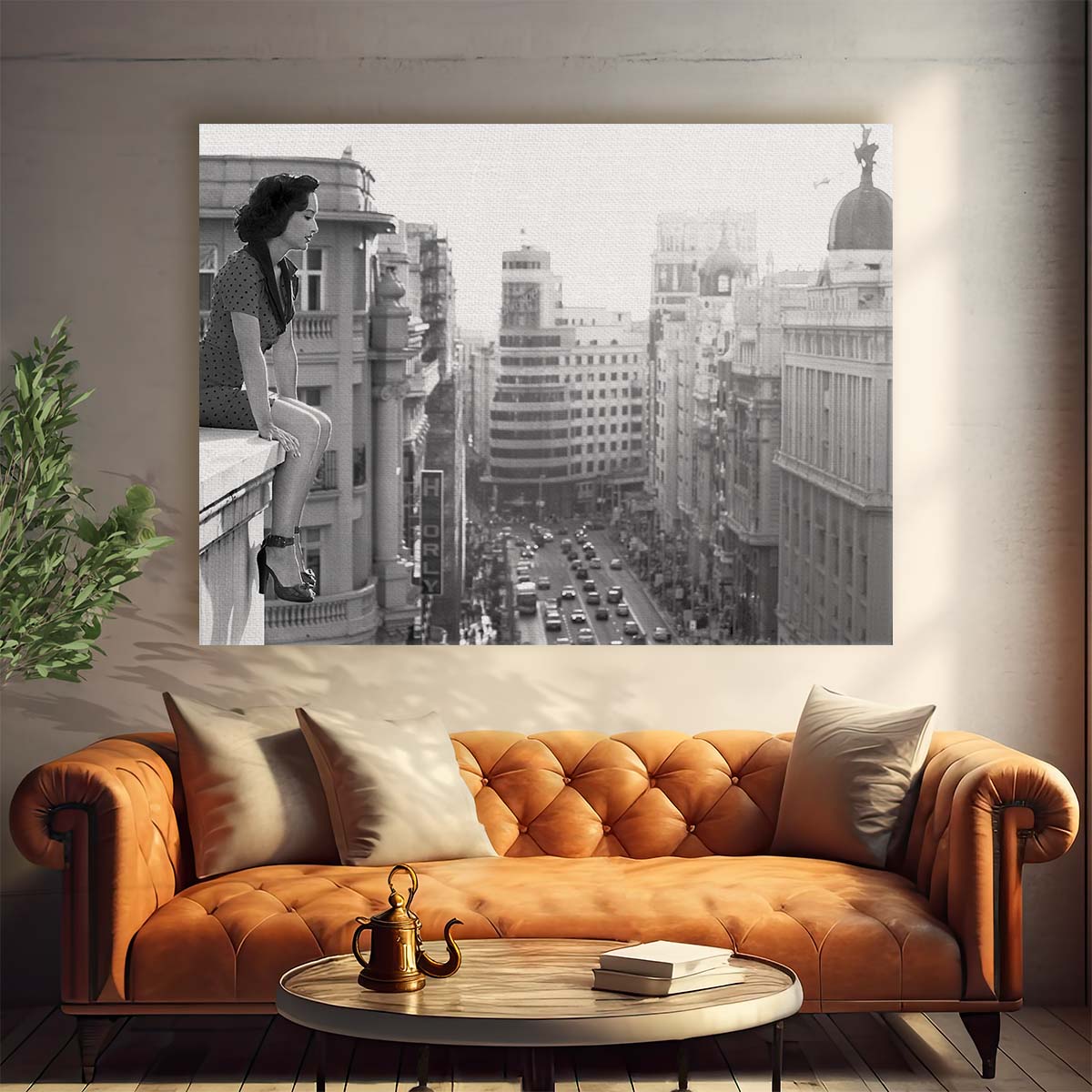 Vintage Madrid Rooftop View Woman in Monochrome Wall Art