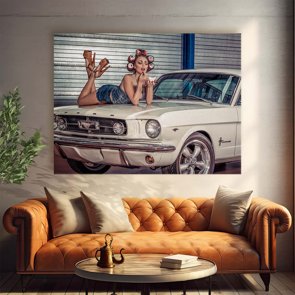 Vintage Pin-Up Girl on Classic Mustang Photography Wall Art