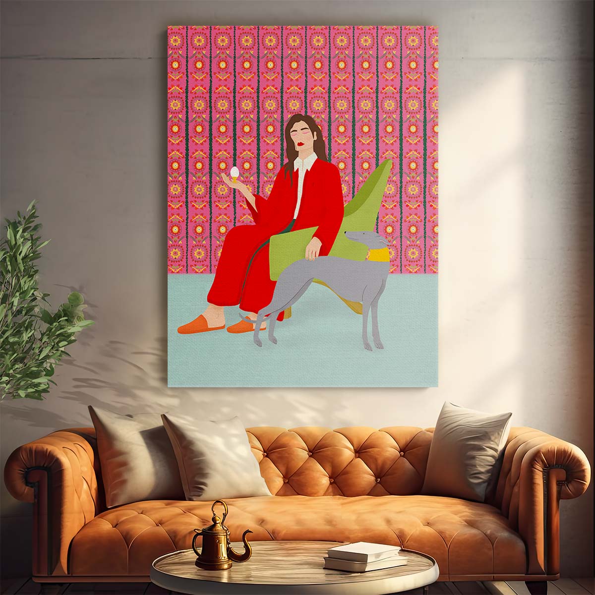 Elegant Greyhound Dog and Woman Dream Illustration Wall Art by Luxuriance Designs, made in USA