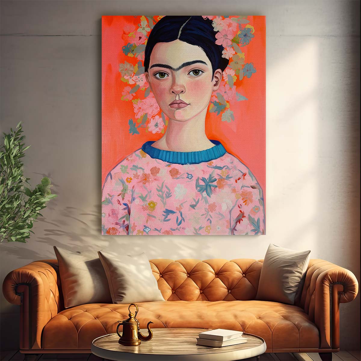 Colorful Young Frida Kahlo Illustration with Big Eyes & Flowers by Luxuriance Designs, made in USA