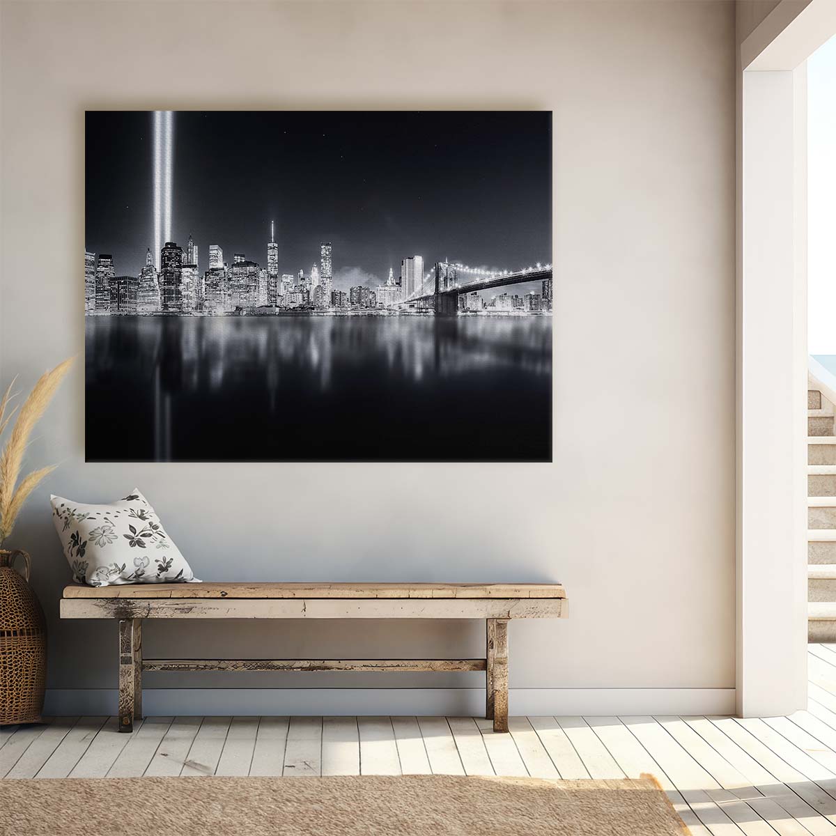 NYC Skyline & Brooklyn Bridge Night Panorama Wall Art by Luxuriance Designs. Made in USA.