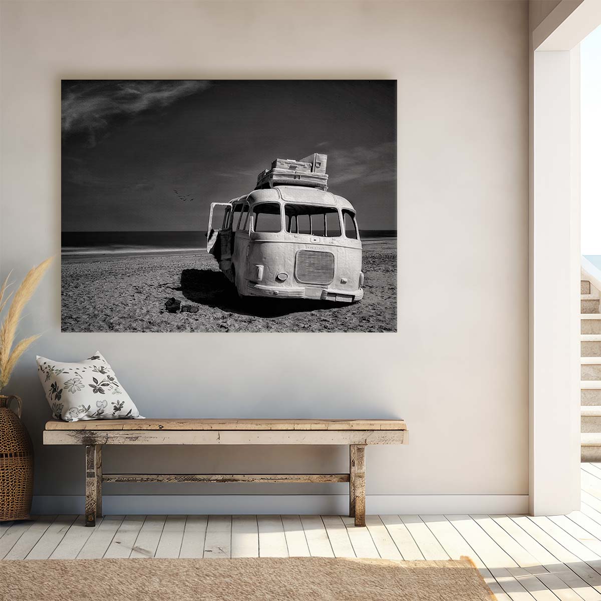 Stranded Bus on Belgian Beach BW Wall Art by Luxuriance Designs. Made in USA.