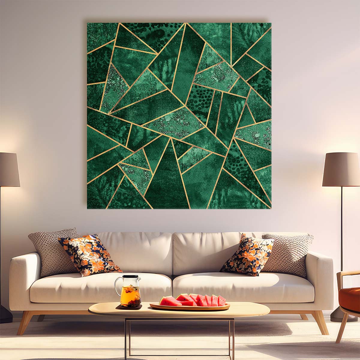 Emerald & Gold Geometric Lines Abstract Wall Art Illustration by Luxuriance Designs. Made in USA.