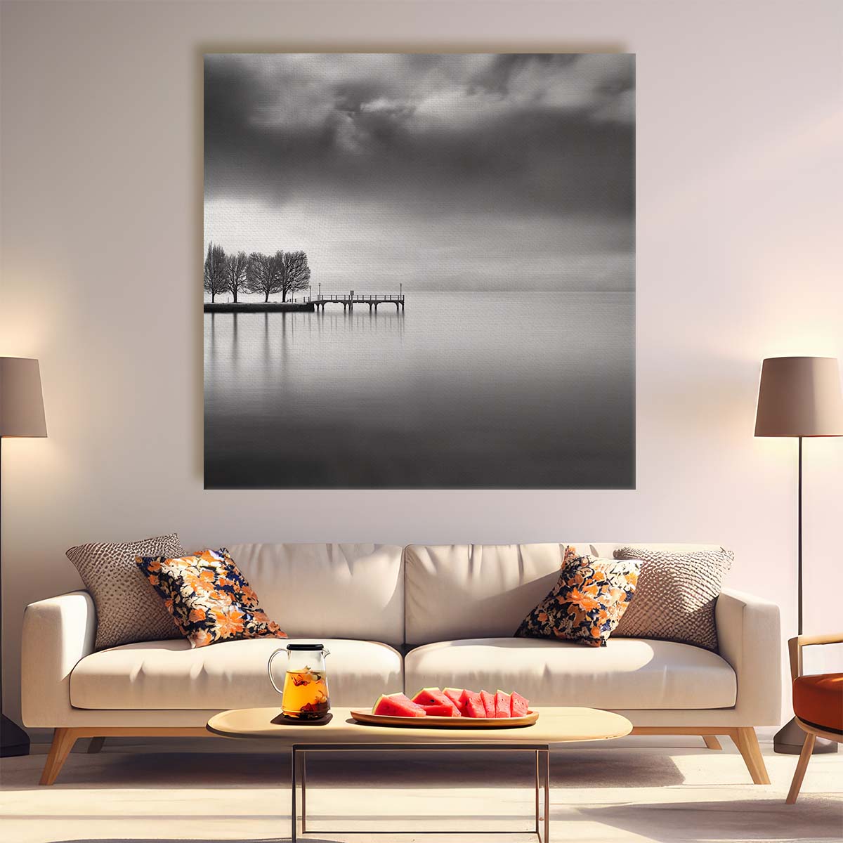 Monochrome Zen Pier Landscape Serene Lake Photography Wall Art by Luxuriance Designs. Made in USA.