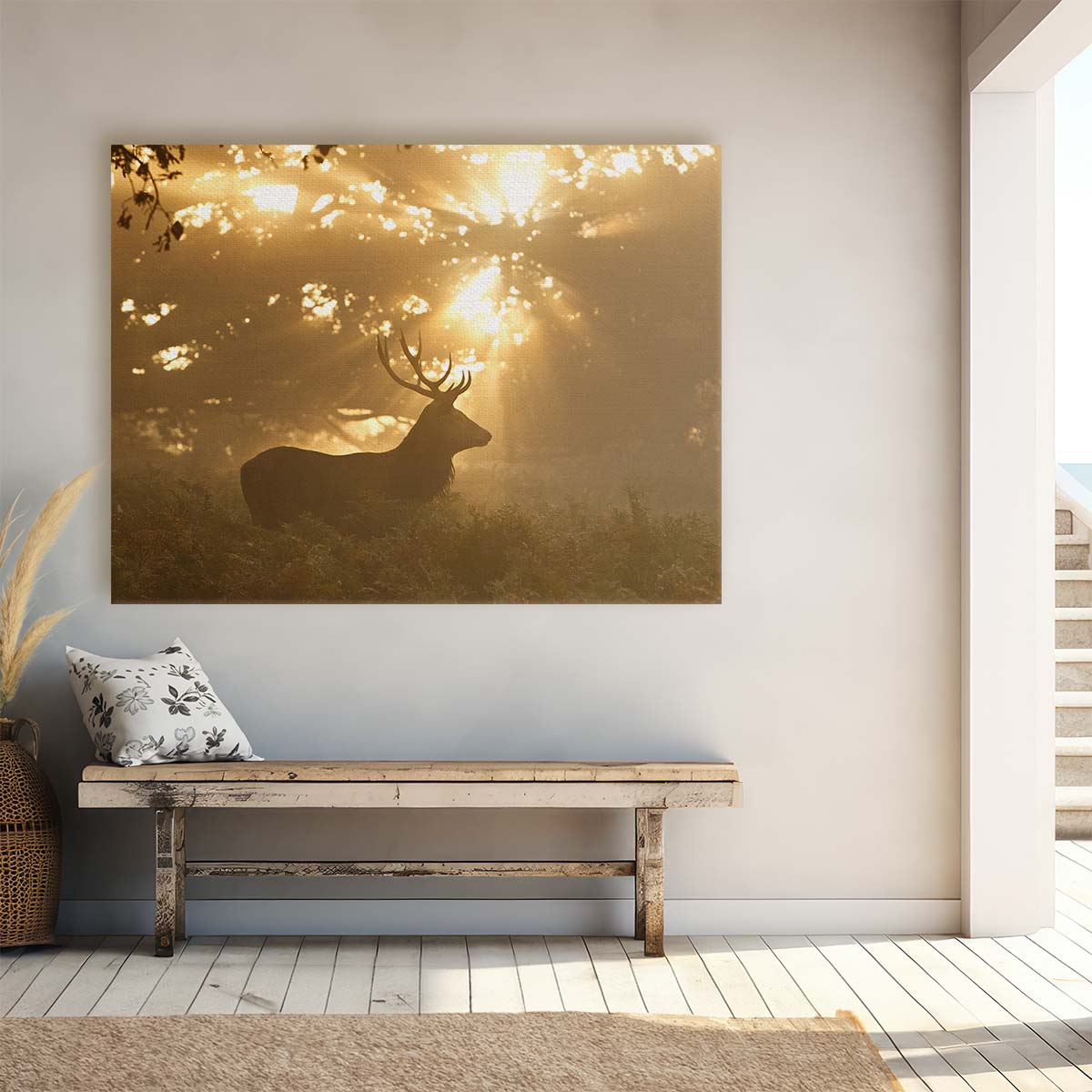 Majestic Sunrise & Stag Silhouette Forest Wall Art by Luxuriance Designs. Made in USA.