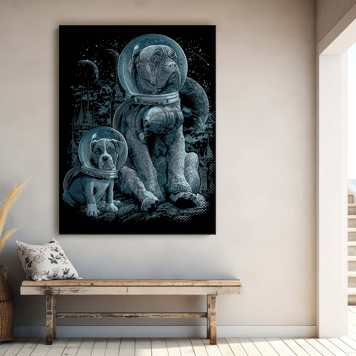 Monochrome Astronaut Dogs and Cats Space Illustration Wall Art by Luxuriance Designs, made in USA