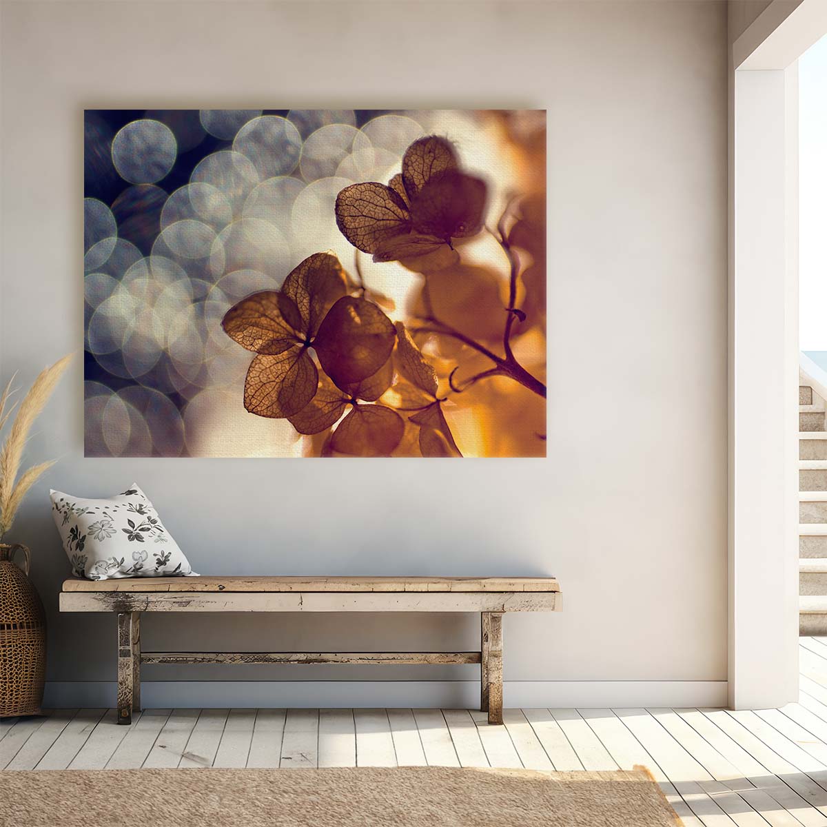 Golden Autumn Leaves Macro Bokeh Floral Wall Art by Luxuriance Designs. Made in USA.