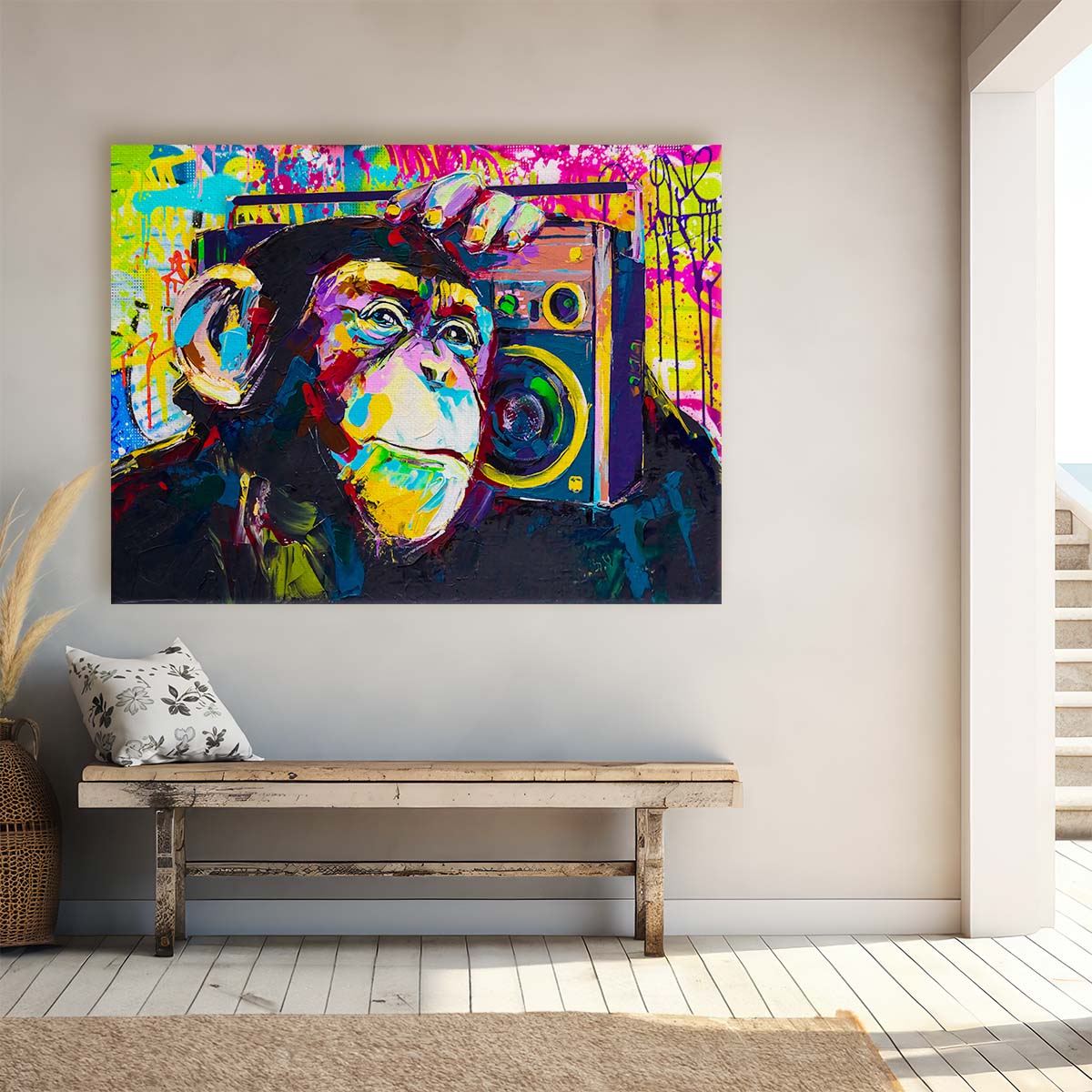 Banksy DJ Monkey Listening to Music Graffiti Wall Art by Luxuriance Designs. Made in USA.