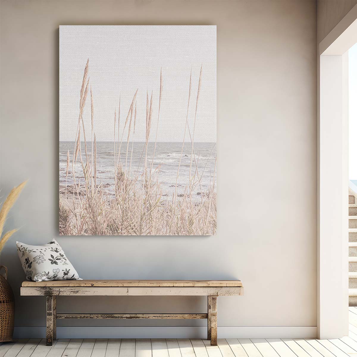 Coastal Landscape Photography Beige Beach, Ocean Horizon, Grass Reeds by Luxuriance Designs, made in USA