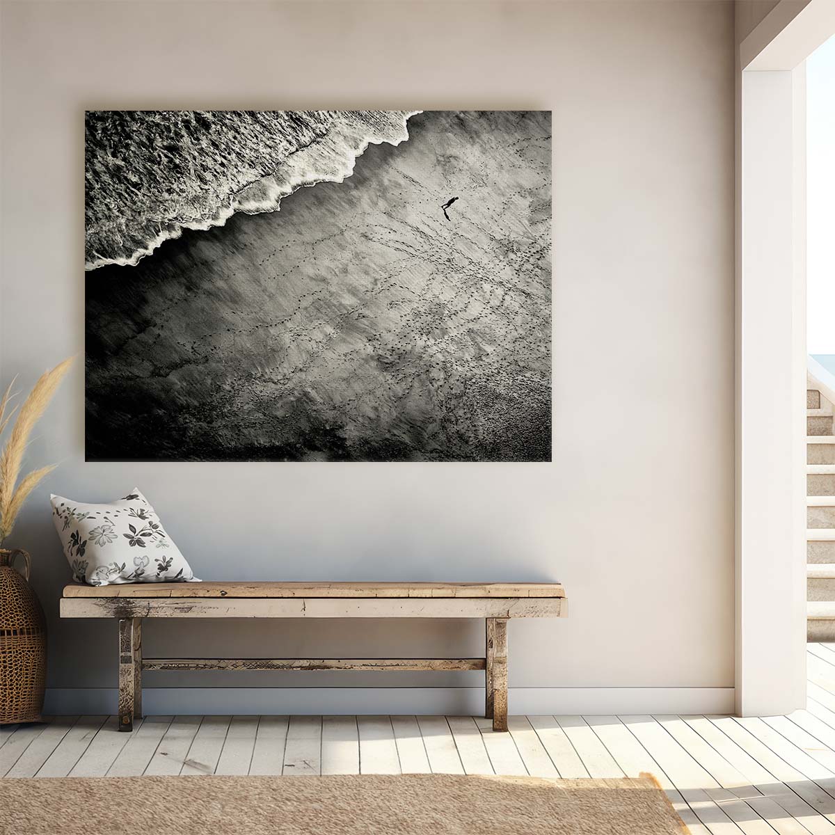 Solitary Figure on Monochrome Beachscape Wall Art by Luxuriance Designs. Made in USA.