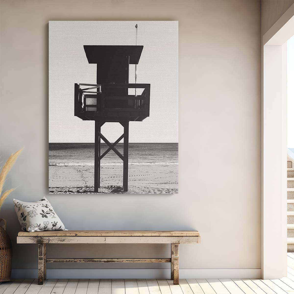Black and White Beach Lifeguard Tower Seascape Photography Art by Luxuriance Designs, made in USA