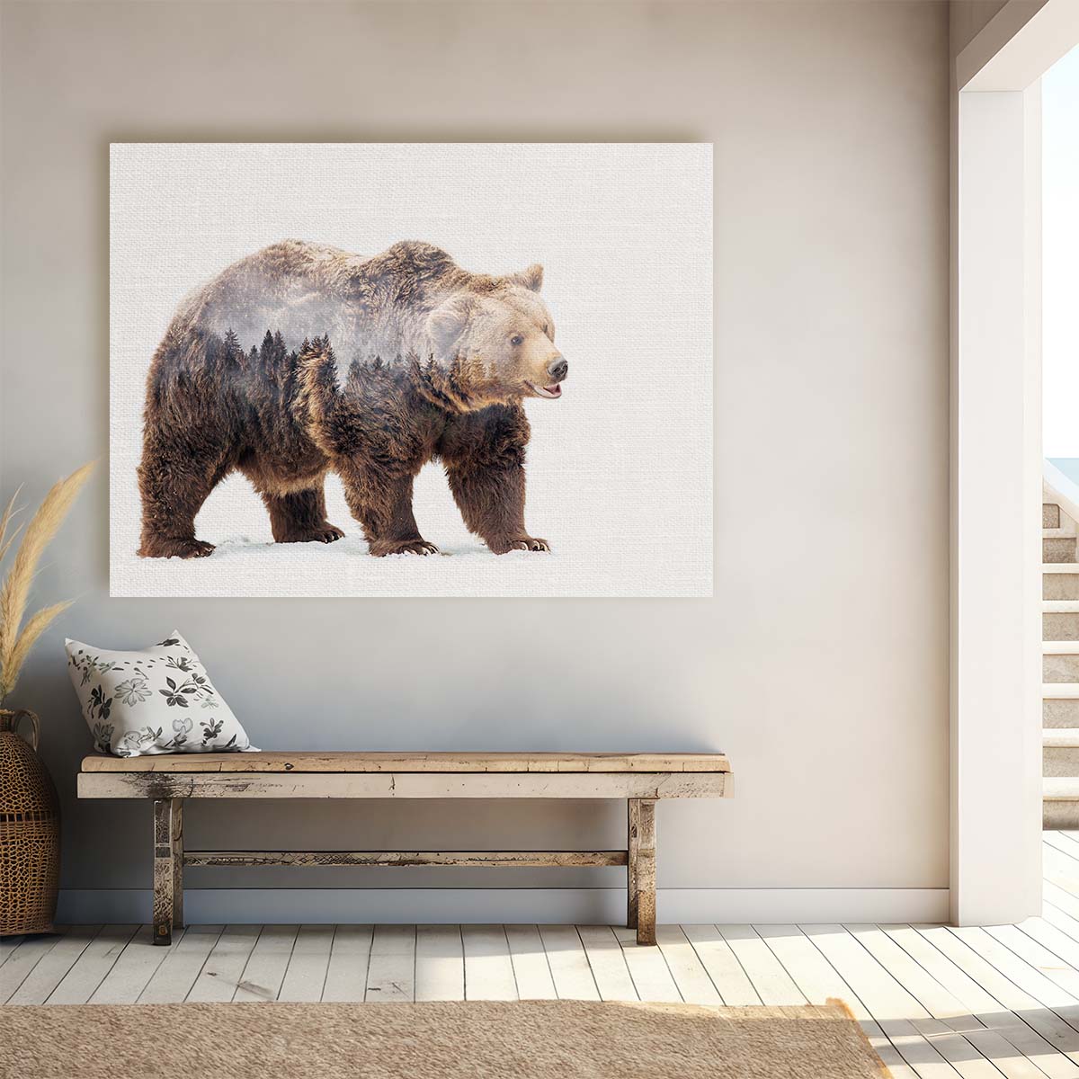 Foggy Forest Bear Double Exposure Wall Art by Luxuriance Designs. Made in USA.