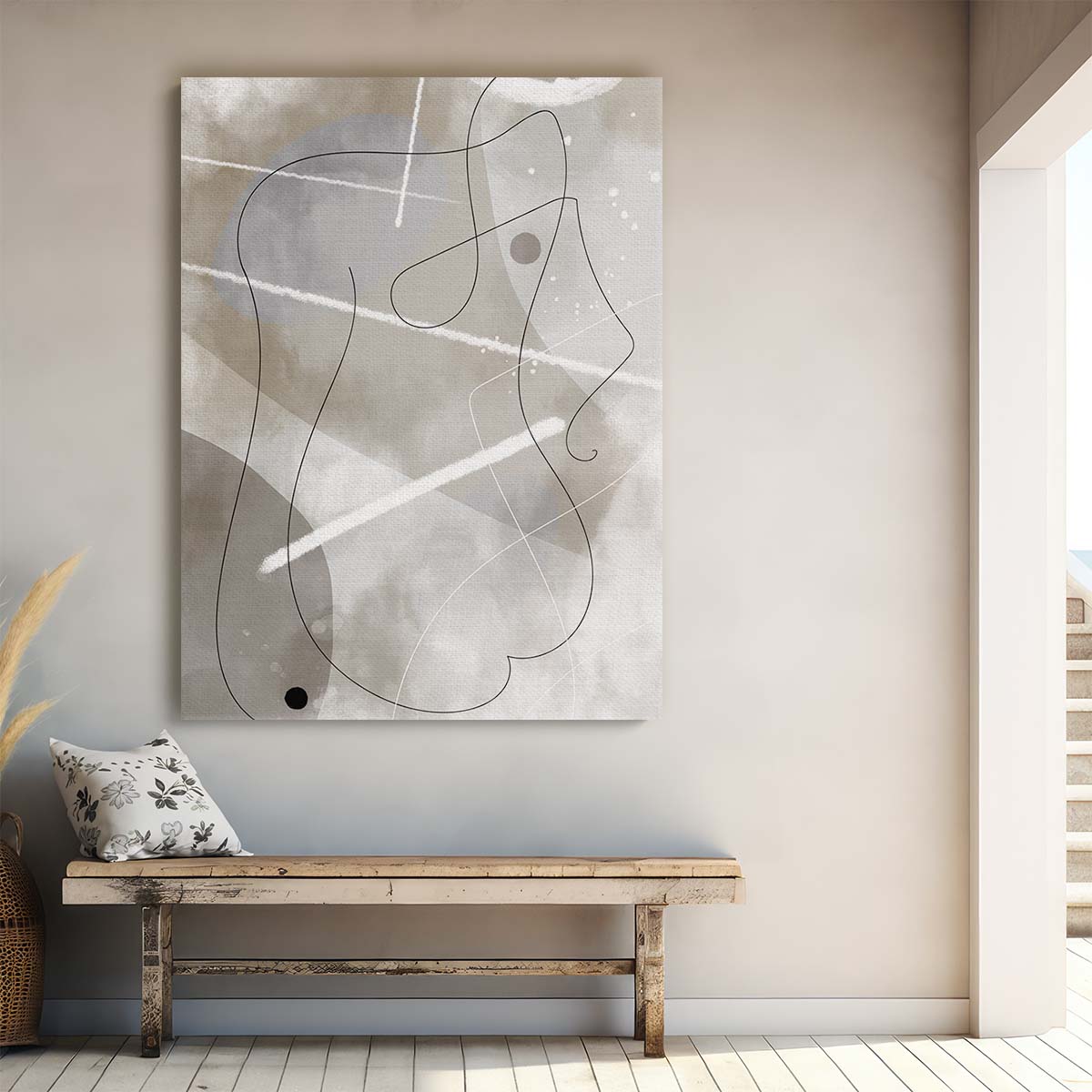 Abstract Line Art Illustration - Geometric Woman in Beige, Gray, Black by Luxuriance Designs, made in USA