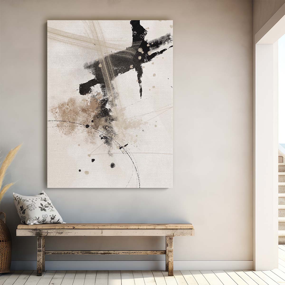 Abstract Beige & Black Illustration Painting with Geometric Splash Pattern by Luxuriance Designs, made in USA