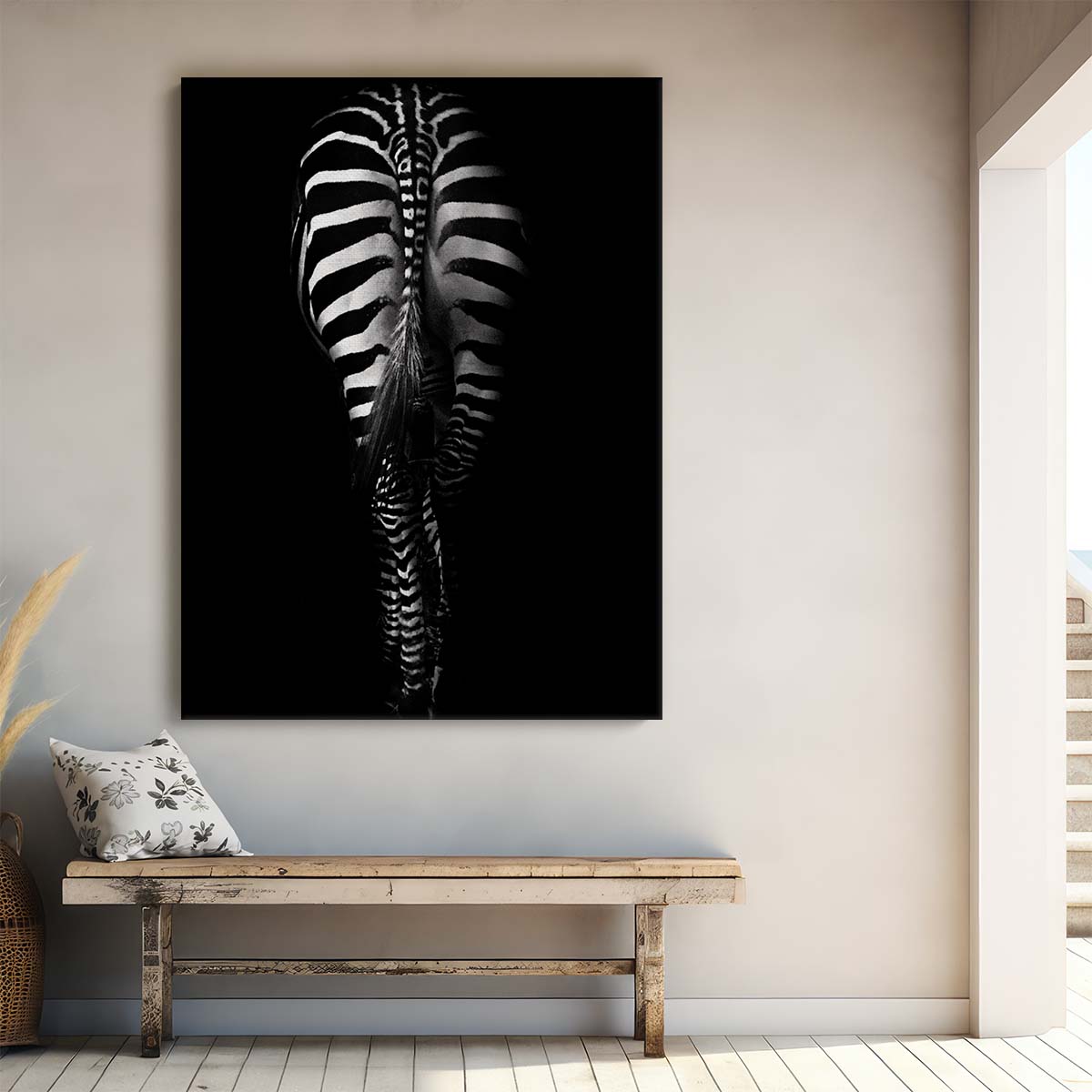 Minimalistic Black and White Zebra Tail Stripe Photography Art by Luxuriance Designs, made in USA