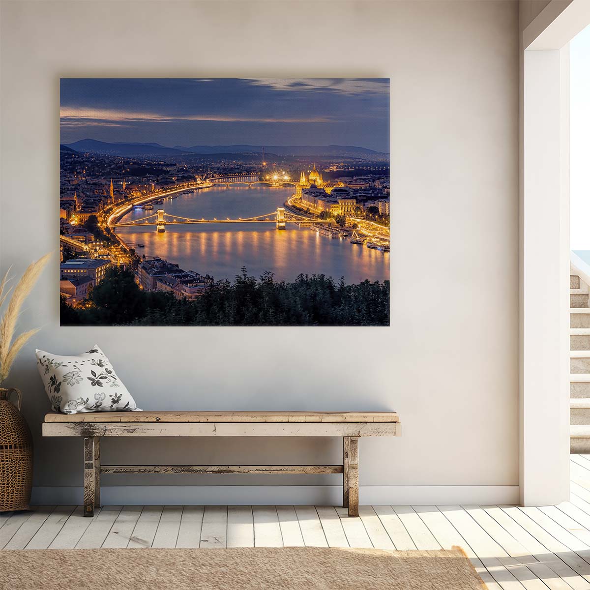 Budapest Sunset Skyline & Bridges Panoramic Wall Art by Luxuriance Designs. Made in USA.