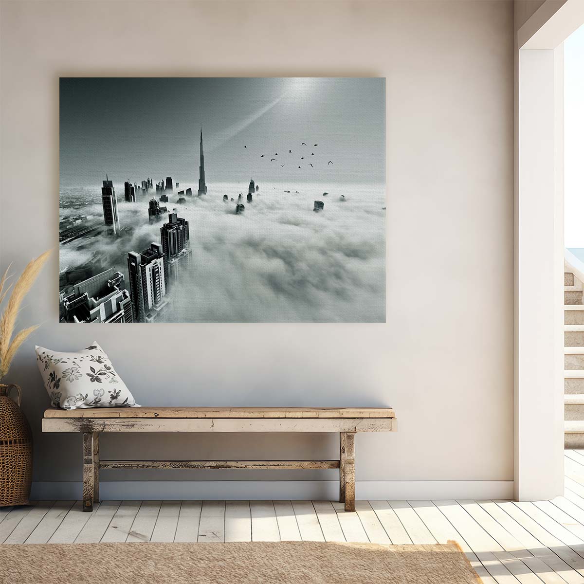 Dubai's Iconic Burj Khalifa Skyline Foggy View Wall Art by Luxuriance Designs. Made in USA.